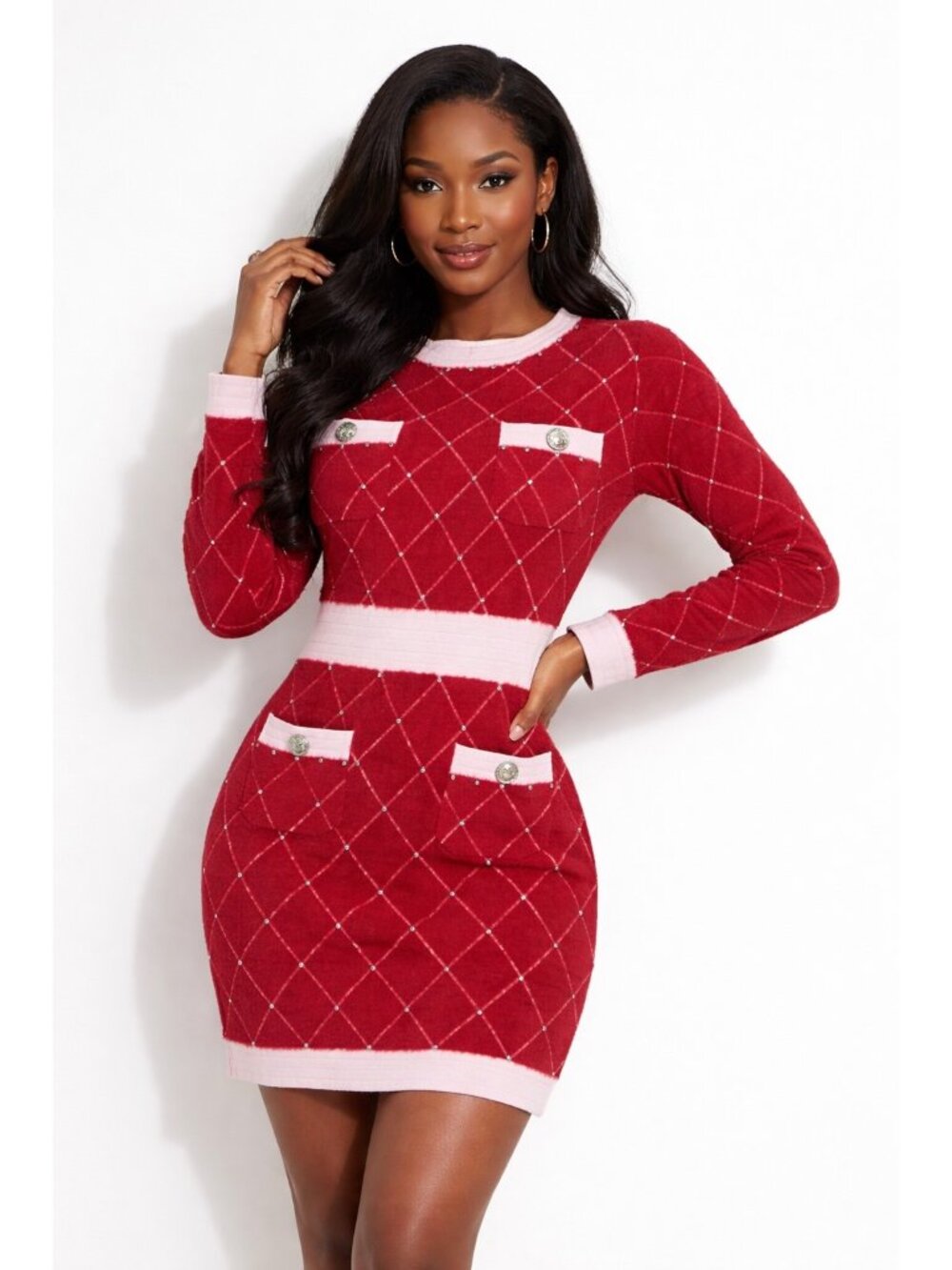 NWT Sweater Dress Medium Red Rhinestone Knit Bodycon Colorblock Glam Preppy